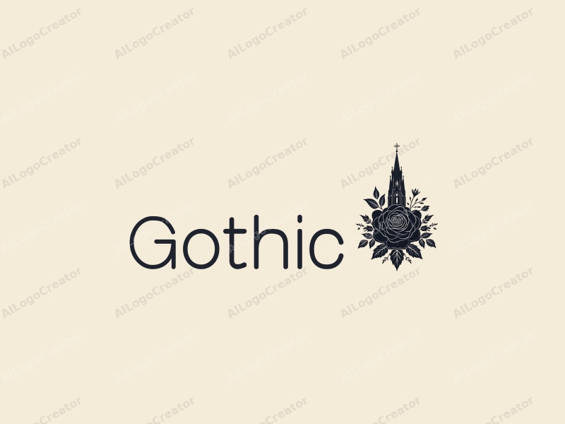 Gothic design features intricate Gothic architecture, a stylized spire church silhouette, and elements of Gothic fashion combined with a black rose, all set against a clean background.