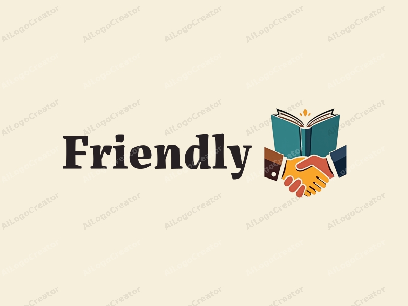 playful design features a stylized book and a handshake, combined with a clean background, emphasizing friendship and community in an educational and social context.