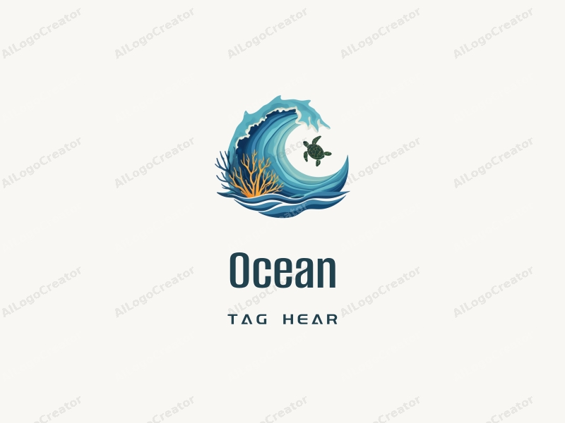 modern design features stylized waves, marine life including coral and a sea turtle, combined with a clean background.