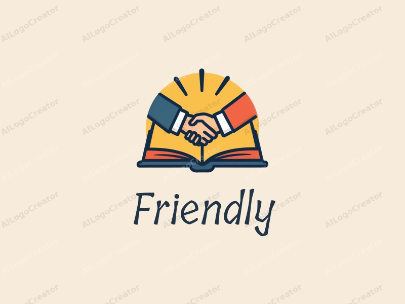 playful design features a stylized book and a handshake, combined with a clean background, emphasizing friendship and community in an educational and social context.