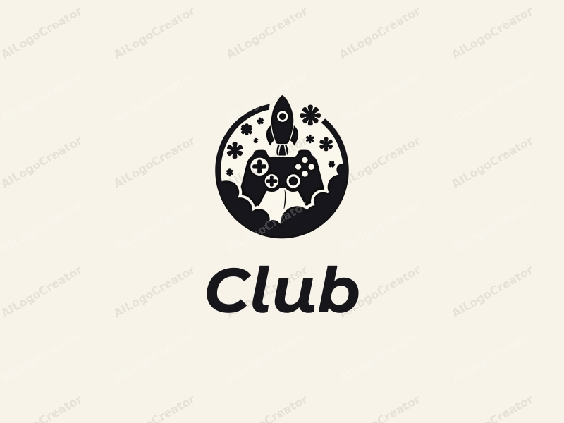 a modern design featuring a stylized club and social elements, combined with a game console and rocket, using a black color palette, creating a clean and harmonious composition.