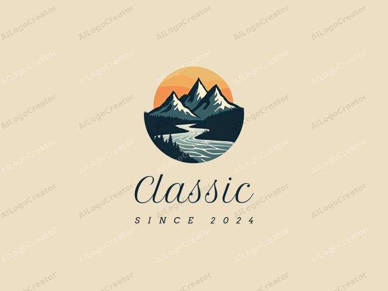 vintage design features stylized mountains and flowing rivers, combined with classic and traditional elements, set against a clean, dark and neutral background.