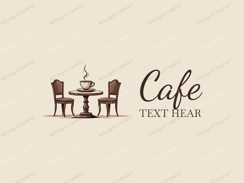 vintage design features a stylized coffee cup, classical table, and chairs, combined with a clean background.