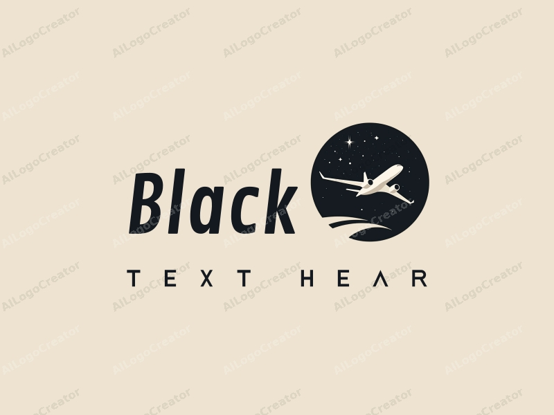 a minimalist design showcasing a sleek airplane silhouette against a starry night sky, incorporating elegant shadows and streamlined elements, combined with a clean black background.