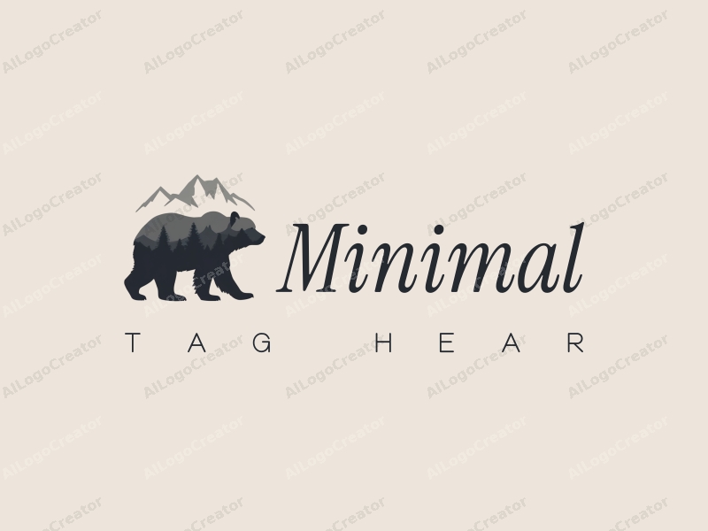 tag style features a minimalist design with a stylized old bear silhouette integrated with mountain shapes, using a monochromatic color palette of white, black, and gray, combined with a clean background.