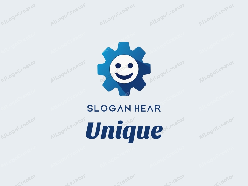 a modern minimalist design featuring a stylized gear integrated with a smiling face, using blue and white colors, combined with a clean background for a fresh and innovative look.