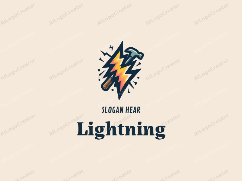 geometric design features stylized lightning bolts, electric currents, and an electric spark combined with a hammer, set against a clean background.