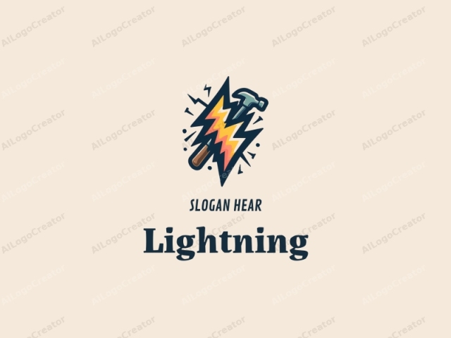 geometric design features stylized lightning bolts, electric currents, and an electric spark combined with a hammer, set against a clean background.