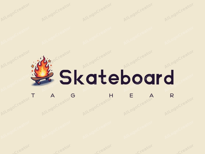 playful design features a vibrant skateboard with dynamic flames and whimsical stars, combined with a clean background.