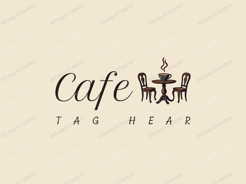 vintage design features a stylized coffee cup, antique table, and chairs, combined with a clean background.