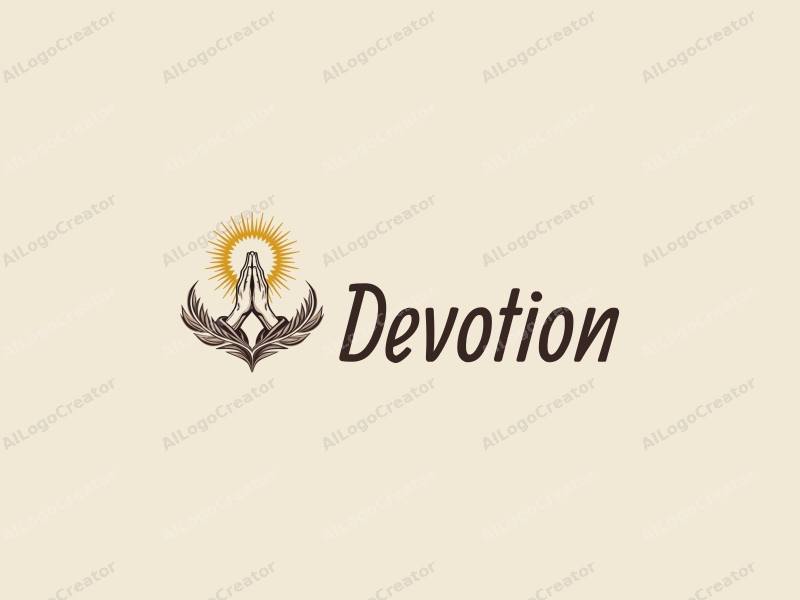 vintage design features a stylized halo above a pair of hands in a prayer position, combined with golden accents and a clean background.