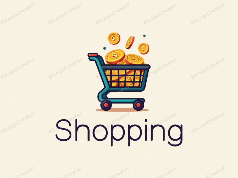 a modern design featuring a colorful shopping cart and coins, combined with a shopping mall backdrop, utilizing a clean and harmonious composition.