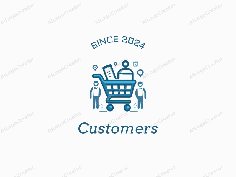 a modern design featuring a stylized shopping cart filled with products, accompanied by abstract representations of customers and shoppers, utilizing a clean and simple composition with a blue color palette.