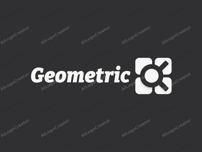 geometric design features a combination of squares and circles, incorporating a magnifying glass and a speech bubble, with a clean black and white color scheme.