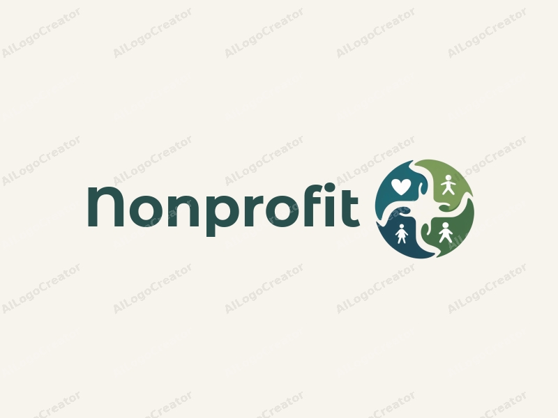 a modern design featuring abstract representations of charity and volunteers, intertwined with symbols of family and unity, using a harmonious blend of blue and green colors against a clean background.