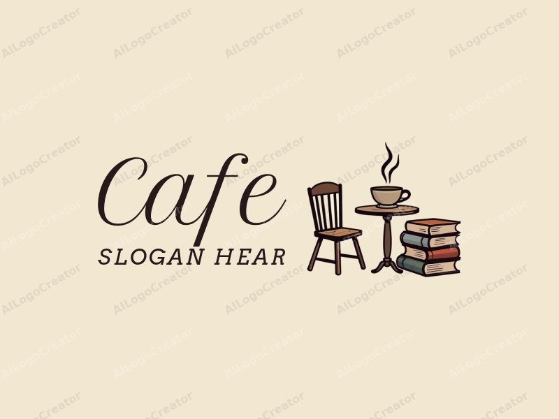 vintage design features a stylized coffee cup, a cozy table and chair setup, and a stack of books, combined with a clean background.