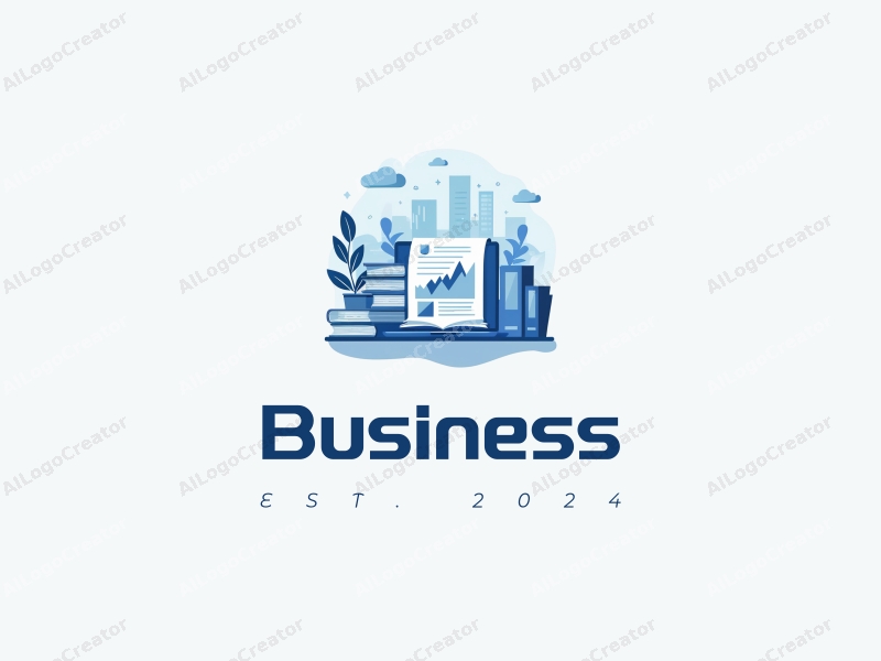 a modern design featuring business elements like charts and books, combined with an office setting, using a blue color palette and a clean, minimalist approach.