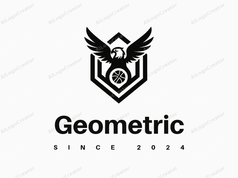 geometric design features a stylized eagle and basketball integrated within a square and circle composition, combined with a clean black and white background.