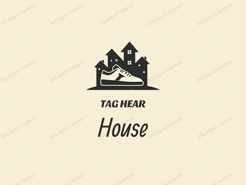 modern design features a stylized house and building silhouette, integrated with a shoe element, using a clean and simple composition.