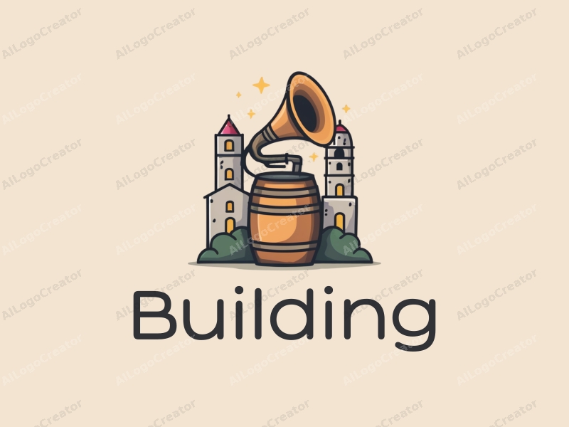 modern design features architectural structures, a stylized barrel, and a gramophone, combined with a clean background.