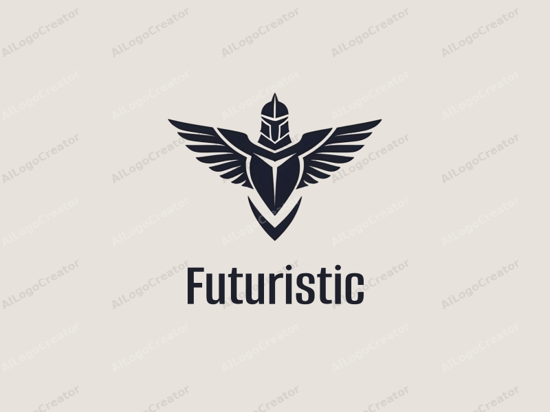 a futuristic design featuring a stylized knight in flight, incorporating sleek lines and a minimalist approach combined with a clean background.