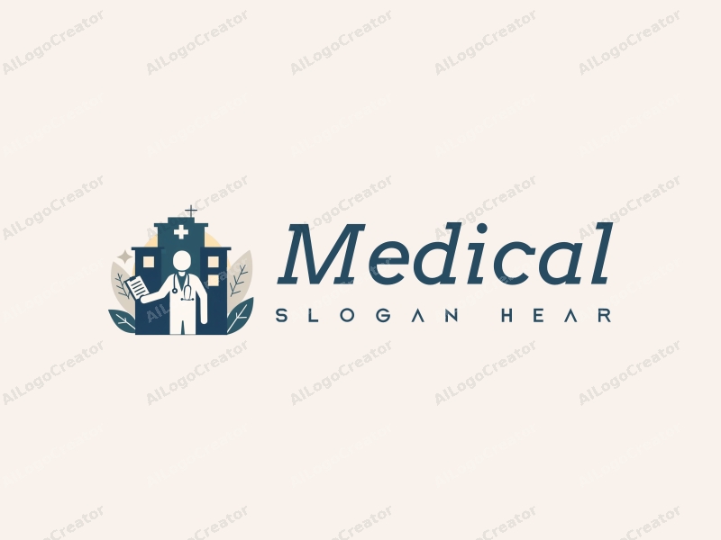 modern design features a stylized hospital silhouette, a doctor figure, a stethoscope, and a prescription pad, combined with a clean background.