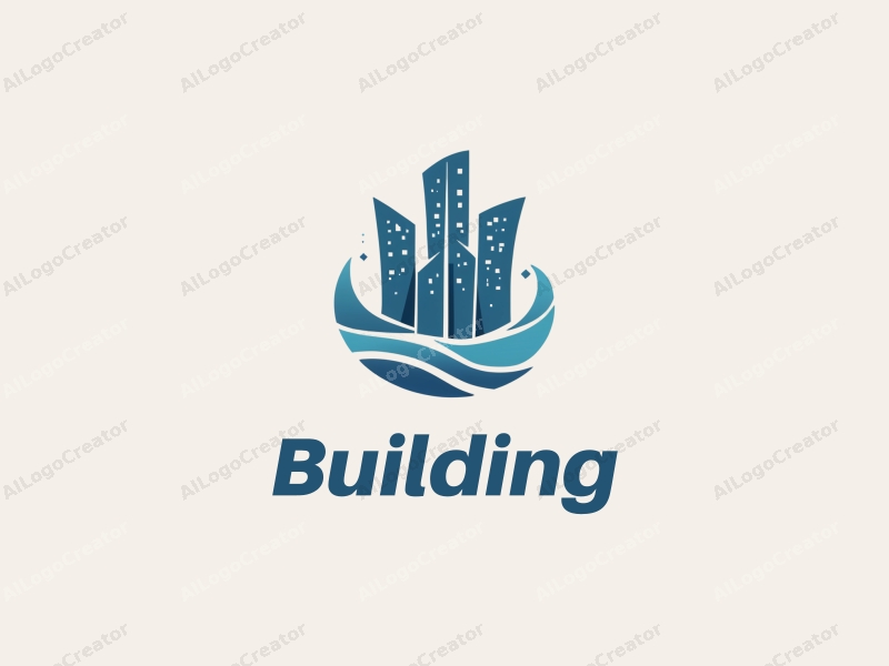 modern design features a stylized building and structure intertwined with wave and scissors elements, utilizing a clean and simple composition.