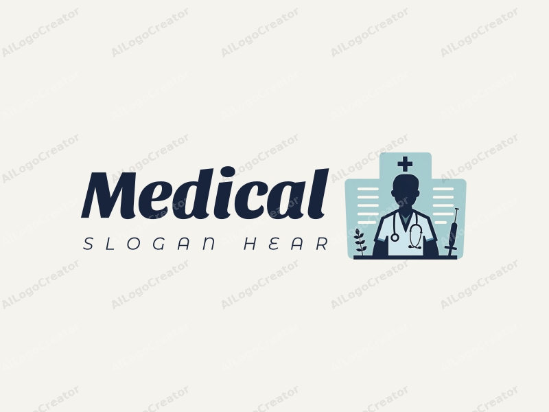 modern design features a stylized hospital silhouette, a doctor figure, a stethoscope, and a syringe, combined with a clean background.