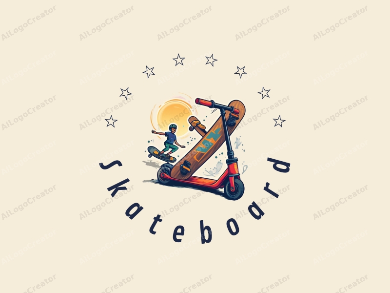 playful design features vibrant skateboards and scooters, dynamic sports elements, combined with a clean background.