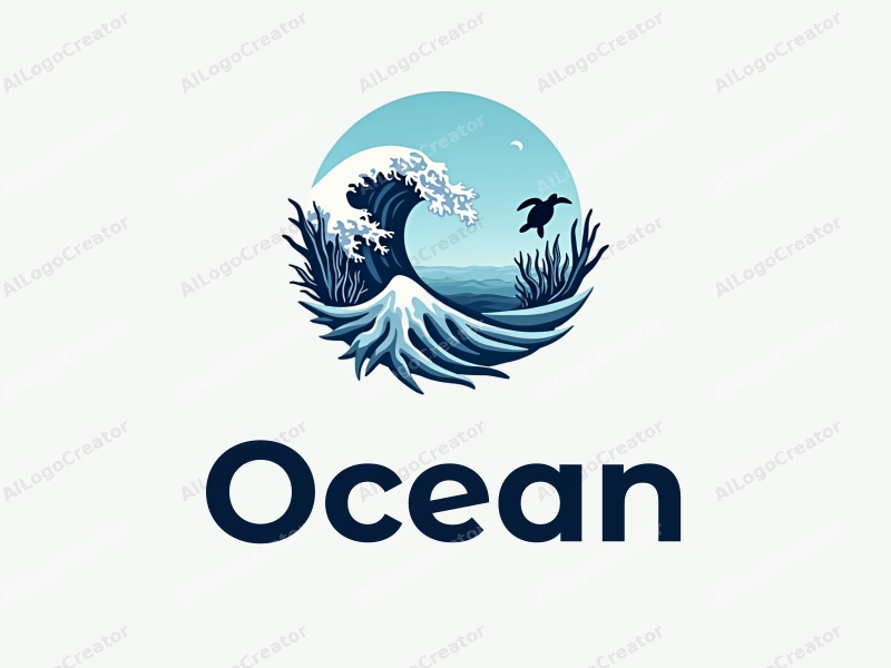 modern design features stylized waves, marine life including coral and a sea turtle, combined with a clean background.