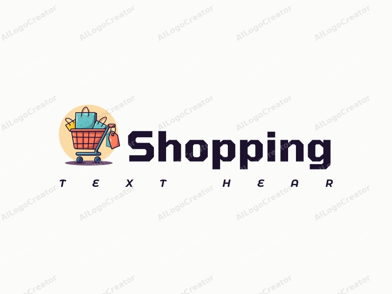 a modern design featuring a colorful shopping cart and product tags, combined with a vibrant mall background, emphasizing a clean and harmonious composition.