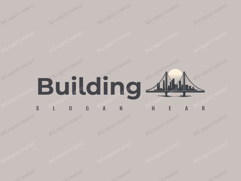 minimalist design features sleek buildings and towers, a stylized bridge silhouette, and a modern design approach combined with a clean gray background.