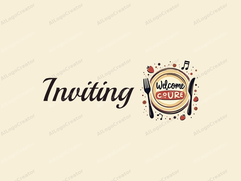 playful design features inviting elements like a stylized welcome sign, food items such as a plate and cutlery, and musical notes, combined with a clean background.