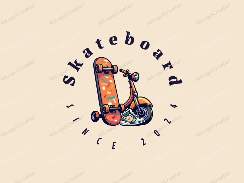 playful design features a vibrant skateboard, a stylized scooter, and a pair of sneakers, combined with a clean background.