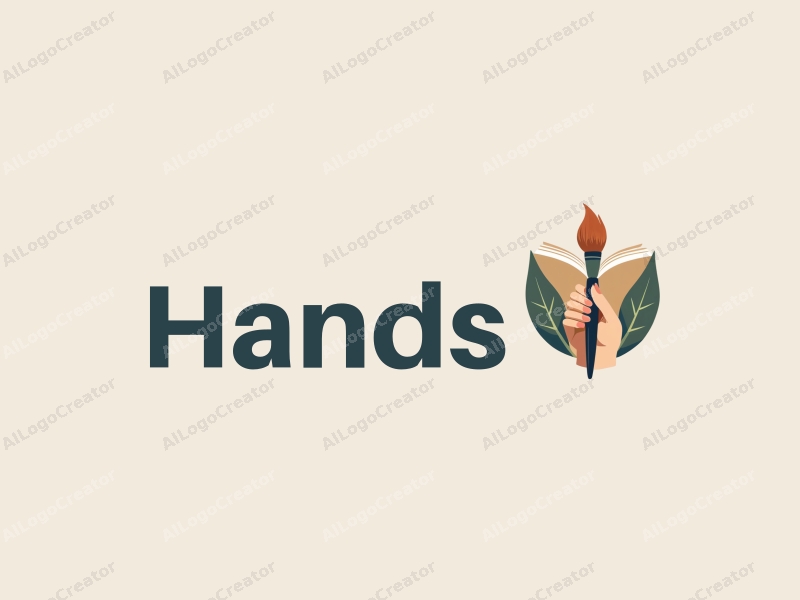 a modern minimalist design featuring a stylized hand gripping a paintbrush and a book, combined with a clean background and a focus on simplicity and harmony.