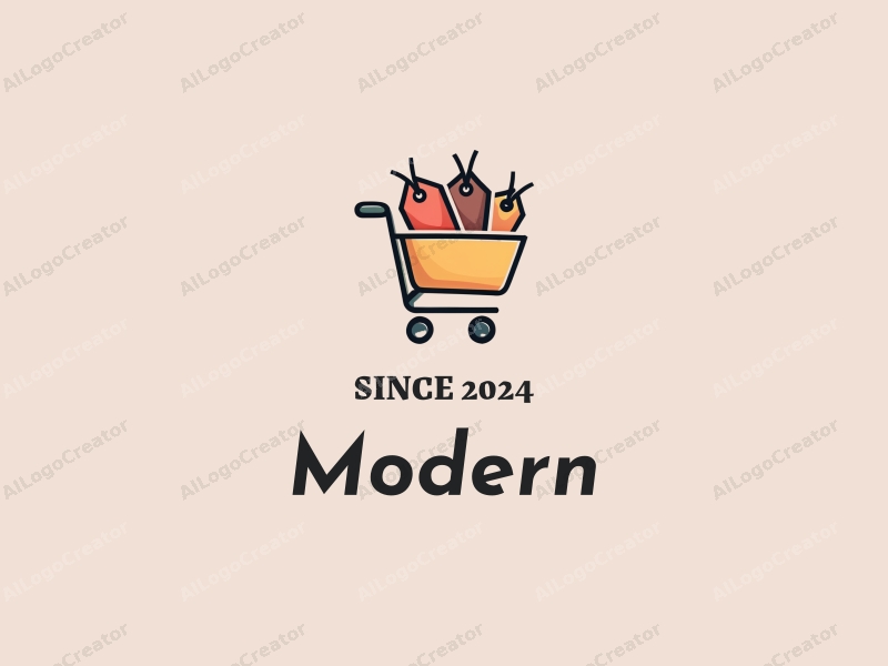 minimalist design features a stylized shopping cart with discount tags, incorporating a clean and innovative approach with a simple background.