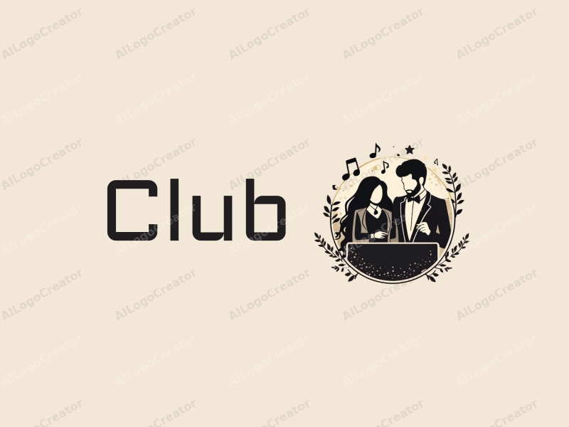 a modern minimalist design featuring abstract representations of a club scene, social elements, and musical notes, combined with a clean black and gold color scheme.