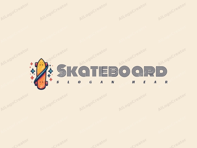 ein fröhliches Design mit einer lebendigen Skateboard-Silhouette und dynamischen Sternelementen, kombiniert mit einem sauberen Hintergrund für ein spaßiges und energetisches Gefühl.