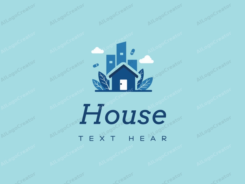 modern design features a stylized house and building silhouette, combined with vitamin capsules, using a clean blue color palette and a minimalist approach.