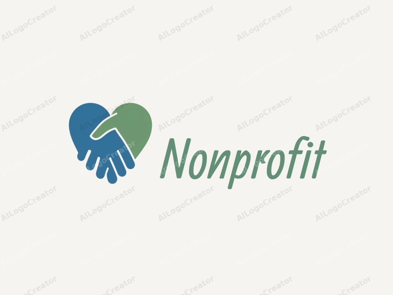 modern design features a stylized heart and handshake symbolizing charity and volunteerism, combined with a clean background in blue and green tones.