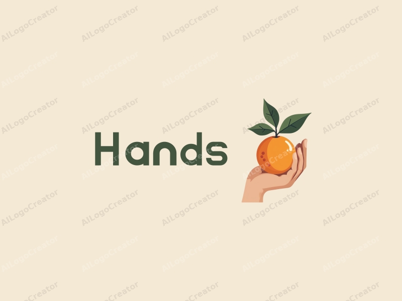 a modern design featuring a hand holding an orange, with a stylized tree in the background, using skin tone colors for a clean and harmonious composition.