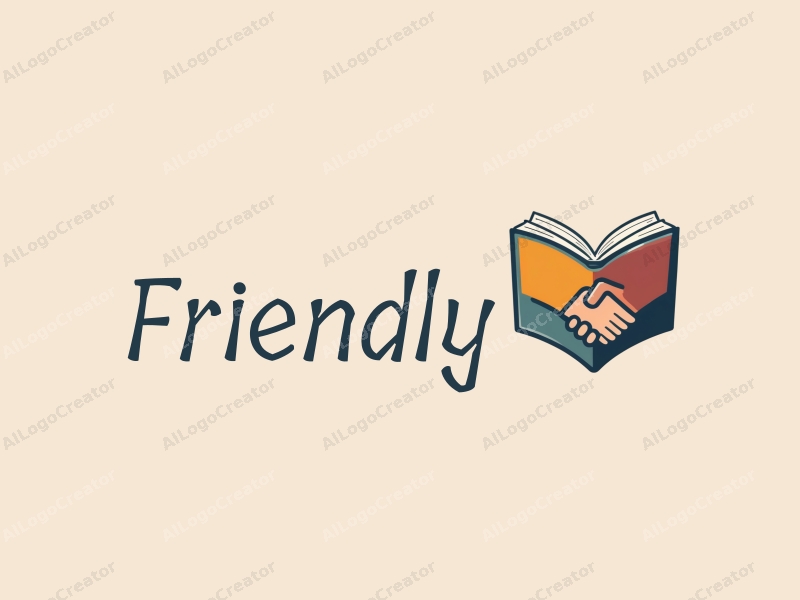 playful design features a stylized book and a handshake, combined with a clean background, emphasizing friendship and community in an educational and social context.