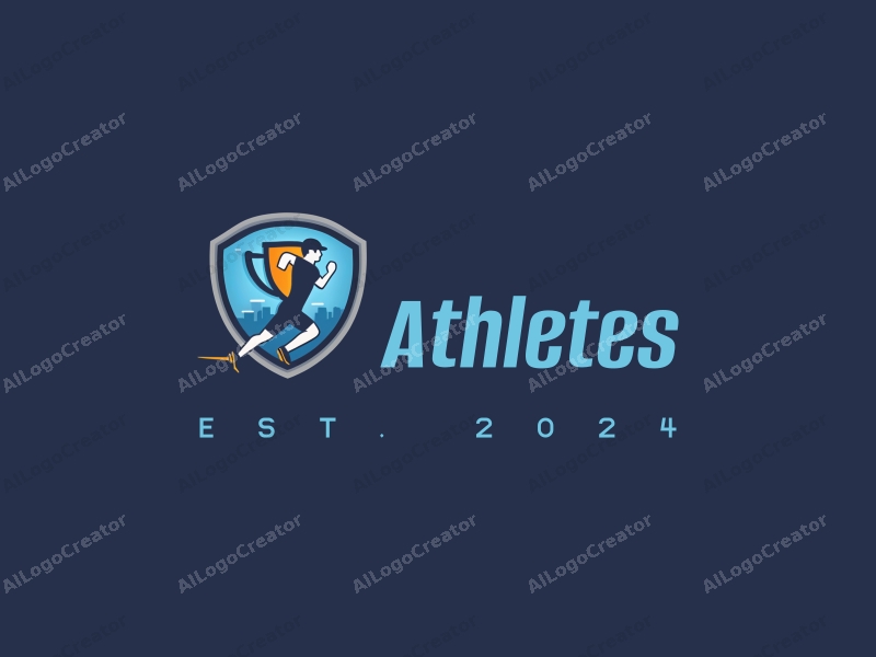 modern design features a stylized runner in motion, a trophy symbolizing victory, and a clean background with blue accents.