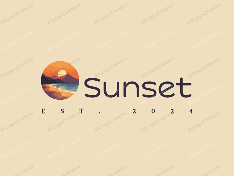 vintage design features a stylized sunset over a beach with mountains in the background, using a harmonious blend of orange and purple colors, combined with a clean and simple composition.