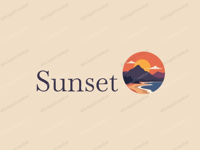 vintage design features a stylized sunset over a beach with mountains in the background, incorporating warm orange and purple tones, combined with a clean and harmonious layout.