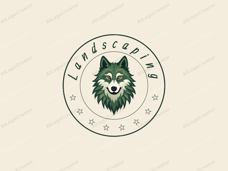 modern design features a stylized wolf head intertwined with green leaves, set against a clean background with elements of a lawn and garden, creating a harmonious and simple composition.