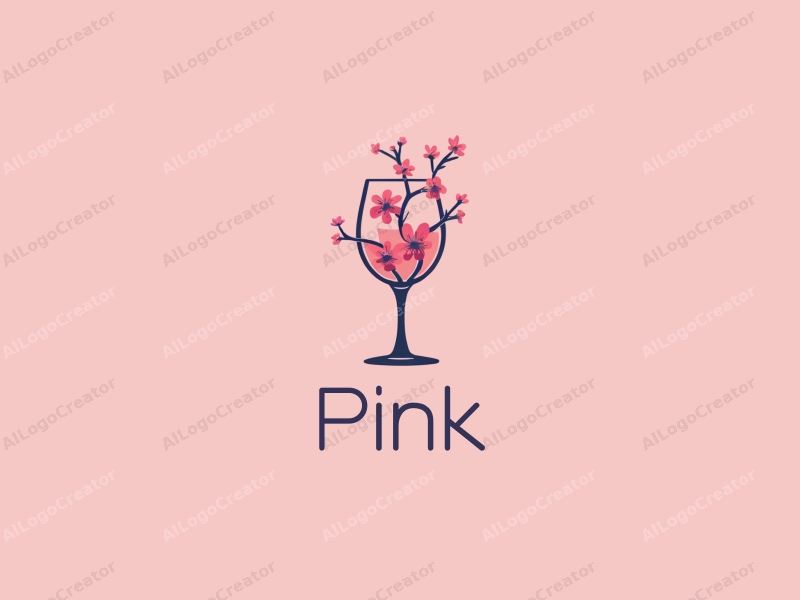 minimalist design features delicate cherry blossoms intertwined with a stylized wine glass, set against a clean pink background.