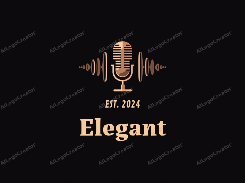 a modern design featuring elegant and refined elements, incorporating sound waves and a microphone, combined with a clean black background.