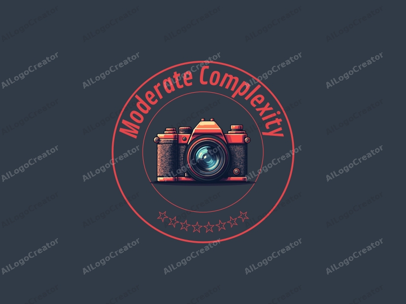 modern design features a stylized camera with pixelated details, intricate patterns, and a clean background.