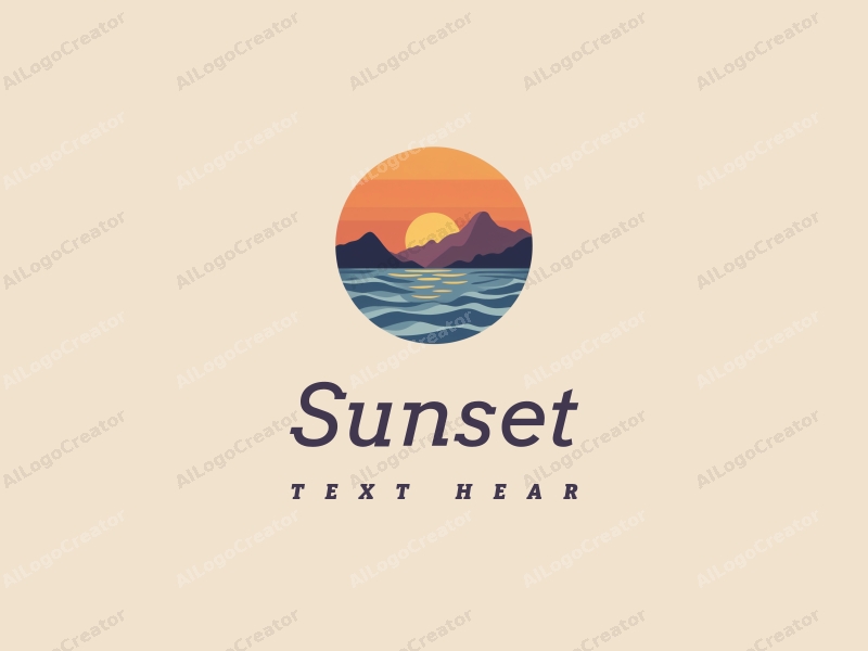 vintage design features a stylized sunset over the ocean with mountains in the background, incorporating warm orange and purple hues, combined with a clean and harmonious layout.